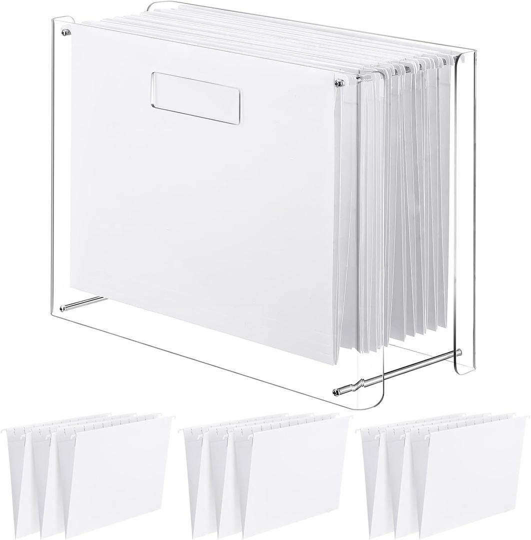 Dispowreath 12 Hanging File Folder with Acrylic Organizer for Desk Clear File Storage Box with Side Handles for Letter/ A4 Size 13.58'' x 5.5'' x 10.43'', Office Home Work Use