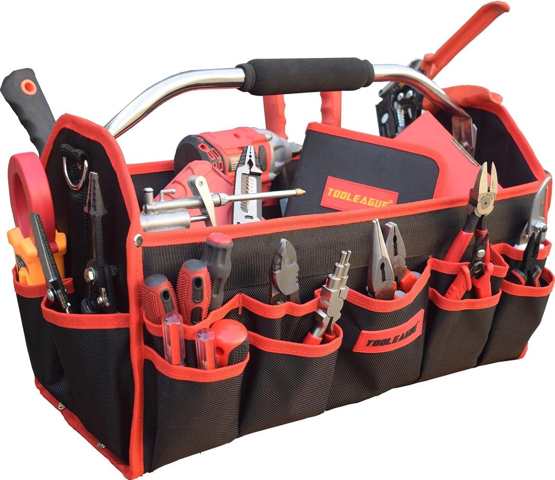 TOOLEAGUE 19 Inches Heavy Duty Tool Bag 25 Pockets, 1680D Fabric Tool Bags with Strong Molded Base, Multi-pocket Tool Organizer with Adjustable Shoulder Strap