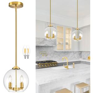 10" Gold Pendant Lights Glass Globe Pendant Light Fixture Bedroom Mid Century Modern Pendant Lighting Brass Pendant Light for Kitchen Island Bedroom Living Room Dinning Room (Bulb Incl.), 1-Pack
