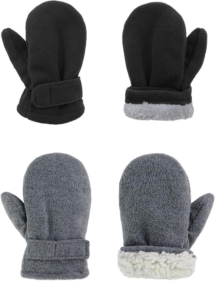American Trends 2 Pairs Toddler Mittens Unisex Lined Fleece Gloves Winter Warm kids Mitten for Baby Boys and Girls (L(Fits 2-4 years), Black&drak Grey)