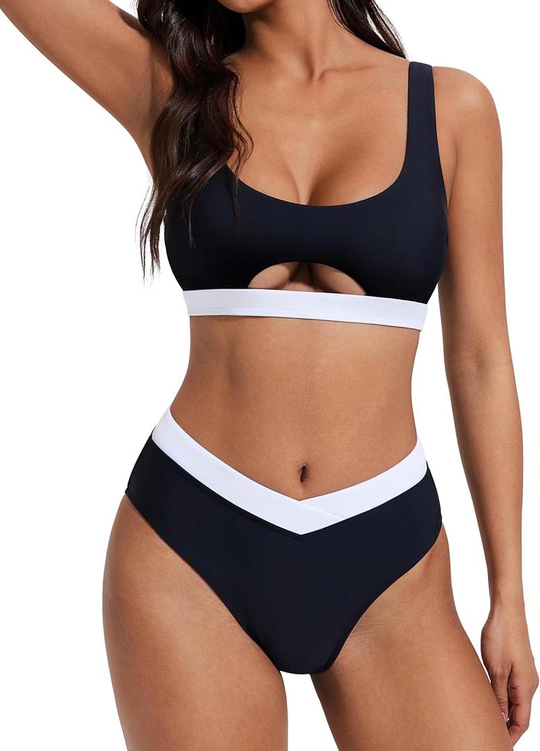 SUUKSESS Women Cutout Color Block Bikini Sets Sexy High Cut 2 Piece Bathing Suit (Medium, Black White)