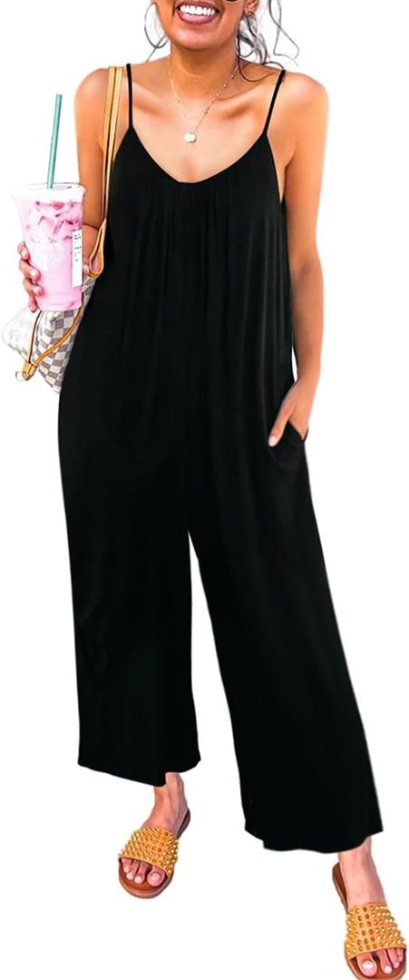 Happy Sailed Womens Casual Jumpsuits Loose Overalls Summer Sleeveless Stretchy Wide Leg Long Pants Romper with Pockets (Large, A Solid Black)