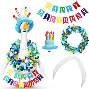 Abbylike 4 Pcs Happy Birthday Porch Goose Outfit for 23" Statues Poseable Porch Goose Wings Birthday Cake Hat for Lawn Patio Outdoor Geese Statue Decoration Accessories(Blue,Classic Style)