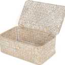 FEIALNDUO Wicker Shelf Baskets with Lid,Seagrass Storage Basket Bins Rectangular Handwoven Basket Boxes for Shelves Desktop Home Organizer (Whitewash, Small)