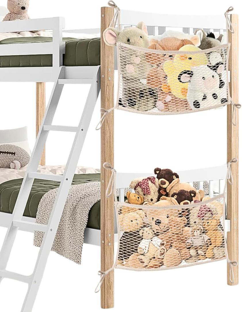2 Pack Stuffed Animal Storage Net for Kids, Bedside Toy Organizer Net - Neatly Store Your Stuffed Animals, Cotton Bedside Stuffed Animal Storage Net with Tether, Stretches up to 32 Inches, Beige