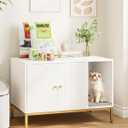 Cat Litter Box Enclosure, Modern Hidden Litter Box Furniture with Scratching Pad, Wooden Cat House Cabinet with Gold Metal Legs, Fit Most of Litter Box,White and Gold (Vertical pattern white)