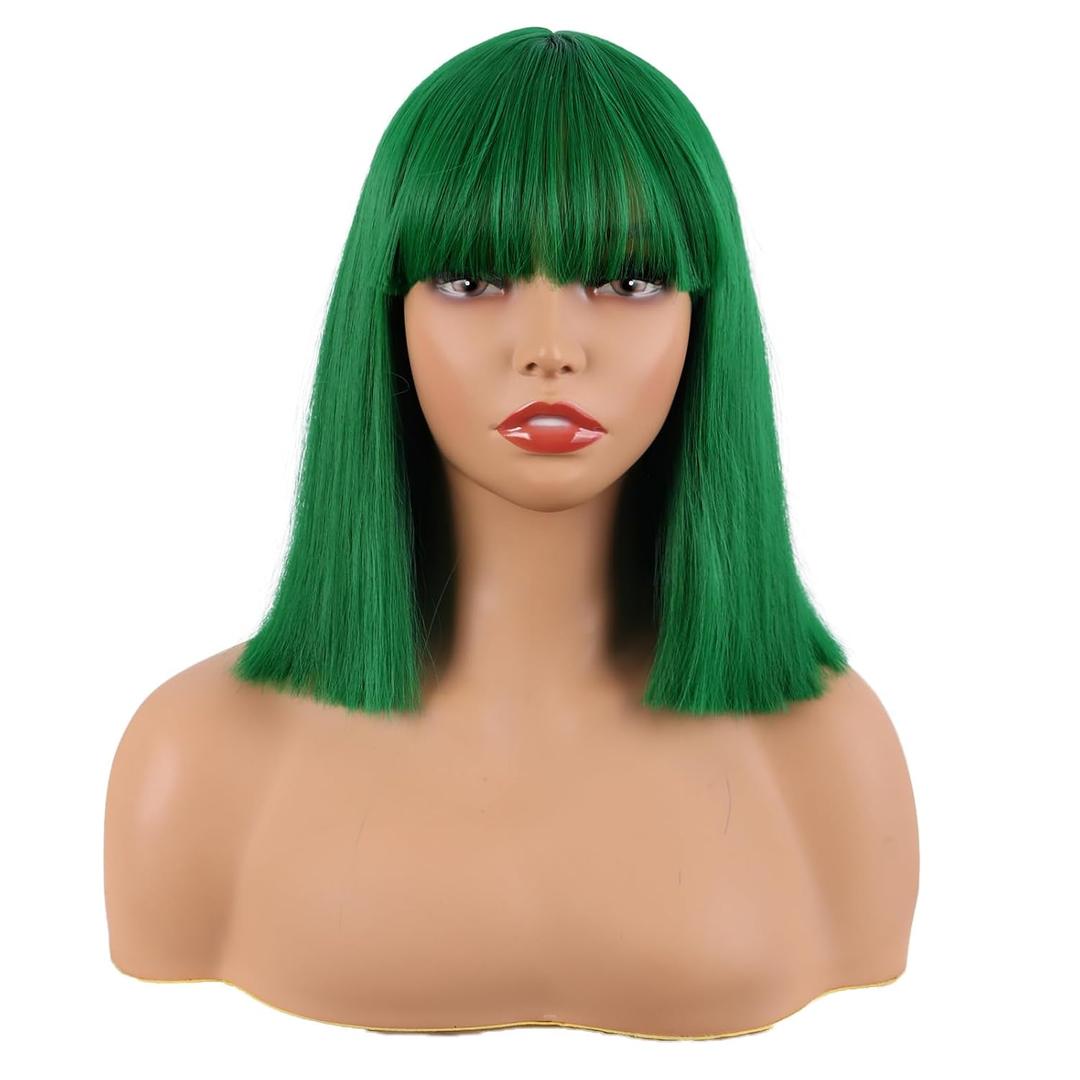 MapofBeauty 12 Inch Straight Bob Flat Bangs Short Party Wig, Grass Green | 30 cm Cosplay Wig, Synthetic Hair