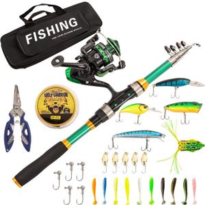 I00000 Fishing Rod and Reel Combos with Fiberglass Telescopic Fishing Pole - Spinning Reel Fishing Carrier Bag, Freshwater and Saltwater Fishing Rod Kit,Travel Fishing Kit for Bass Trout (Green)