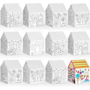 Watersay 12 Pcs Gingerbread Paper Coloring Houses DIY Craft Color Your Own Cardboard Houses Personalize a Cardboard House Christmas Holiday Party Favors Gifts for Girl Boy Classroom Home