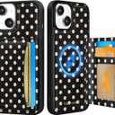 for iPhone 15 Case with Wallet - Fits 4 Card Slots, Compatible with MagSafe for Women Aesthetic Durable PU Leather Credit Card Holder Kickstand Phone Cover for Apple 15, Black Polka