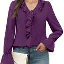 Funlingo Womens Blouses Dressy Casual Long Sleeve Ruffle Chiffon Top Ladies Spring Trendy Work Shirts 2026 (X-Large, Deep Violet)