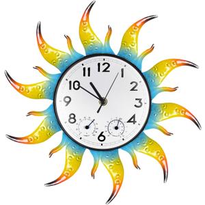 Sun Outdoor Clock Silent Non-Ticking Outdoor Clocks Waterproof Decorative Outdoor Clock Thermometer Combo for Patio Living Room Kitchen Garden Decor