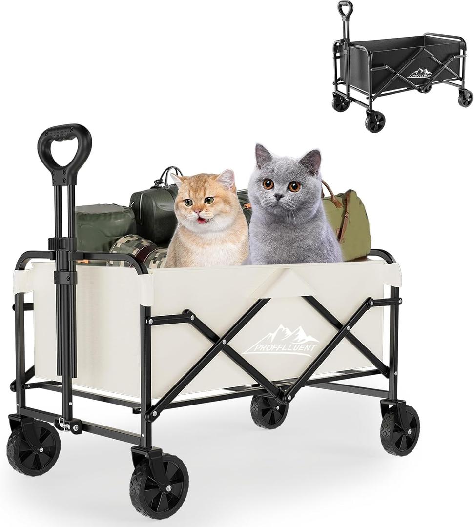 Collapsible Wagon Cart with 5" Removable 360 Swivel Wheels & Adjustable Handle, 220lbs Load Capacity, Dual Detachable Oxford Covers (White+Black) MDF Base, All-Terrain Portable Utility Cart