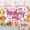 Happy Mother's Day Backdrop Tulip Floral Heart Mom-Baby Silhouette Background for Mother's Day Birthday Party Decoration Family Event Supplies Photo Booth Props 10x8FT