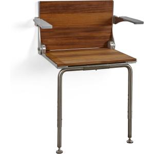 Silhouette Comfort Plus Folding Shower Seat with Armrests & Legs Heavy-Duty Wall-Mounted Shower Bench, Teak Wood Seat with Silver Frame