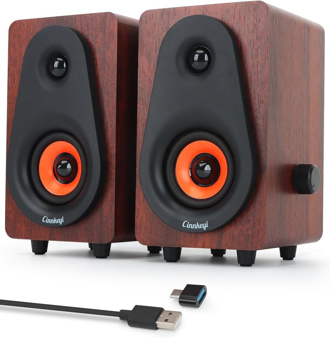 12W USB Computer Speakers, Wooden Desktop Speakers with Dual Diaphragms, High-Fidelity Stereo for PC, Laptop, Monitor, Tablet  USB Powered with Built-in Audio Output