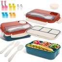 2 x Bento box adult work lunch box, adult container, with 4 compartments, lunch container with cutlery ( knife, fork, spoon, sauce box), animal fruit fork, microwave and dishwasher safe, Orange Blue