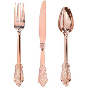WDF-300 Pieces Rose Gold Plastic Silverware- Disposable Flatware -Heavyweight Plastic Cutlery- Includes 100 Forks, 100 Spoons, 100 Knives for Wedding& Parties