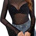 Buauty Women Sheer Mesh Tops Rhinestone Long Bell Sleeve Tops Sparkle Glitter See Through Blouses Elegant Party Shirts Medium