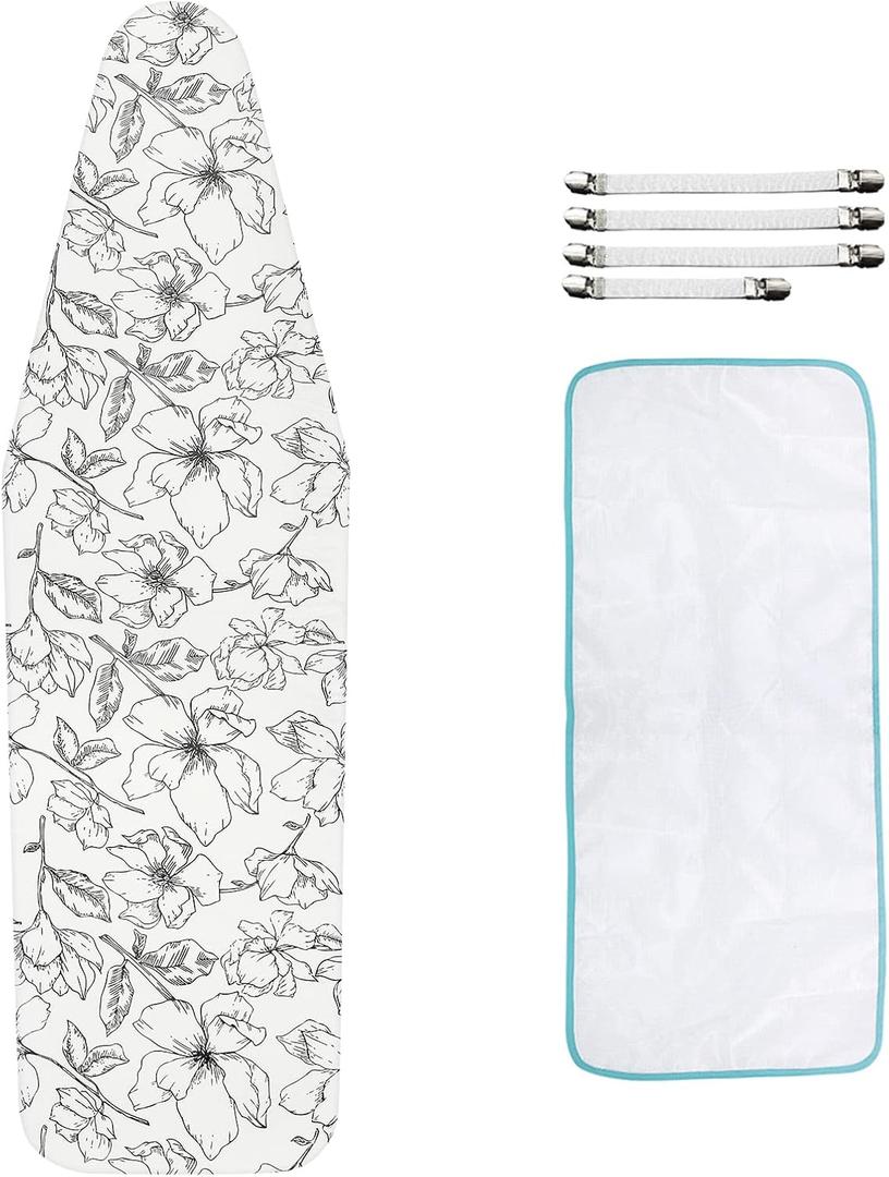 Ironing Board Cover and Pad, 21" x 57", Extra-Large Size, Thick Padding, Scorch & Stain Resistant, with Fasteners & Mesh Cloth (Floral White)