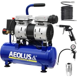 Ultra Quiet Air Compressor, 65dB, Oil-Free, Quick Couplers,115PSI, Portable Electric for Car and Bike Tires, Nail Gun, and Pneumatic Tools, Garage, Shop (Accessories Kit)