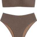 ZAFUL Women's High Cut Bandeau Bikini Set Strapless Solid Color 2 Pieces Bathing Suit Swimsuit (7-brown)