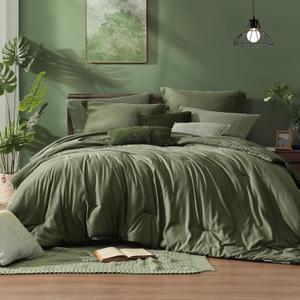 Monbix California King Comforter Set - 7 Pieces Cationic Dyeing Olive Green Bed in a Bag Cal King Bedding Sets with Comforter, Sheets, Pillowcases & Shams, Reversible Bedding Comforters Sets(108 * 92)