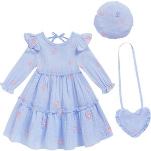 Toddler Girl Dress Kids Long Sleeve Ruffle Dresses Fall Winter Outfit Hat Bag Floral Girls Casual Playwear Dress (3-4T, Blue Dress With Flowers)