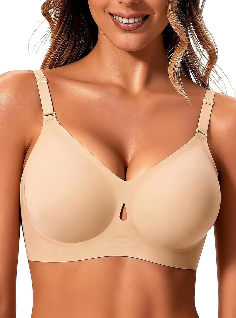 Jelly Wireless Bras for Women Sexy Comfortable Bra Bralettes V Neck No Underwire Bras Push Up Everyday Seamless Bra (Beige, XL)
