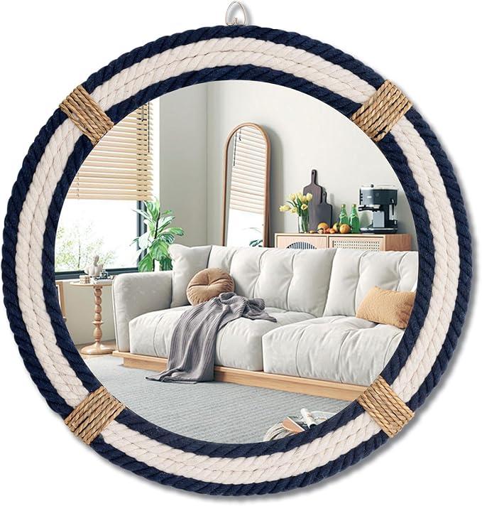 Vercraft Nautical Coastal Mirror 24 Wall Decor with Rope Wrapped Trim and Hanging Loop Round Circle Nursery Mirror Nautical Boho Rustic Decorative for Living Room, Bedroom Blue and White