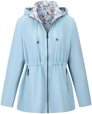 Geschallino Women's Casual Reversible Coat Plus Size Floral Print Windbreaker Lightweight Jacket with Hood Medium