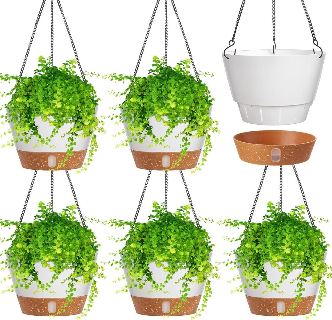 Amyhill 6 Pcs 8 Inch Hanging Planter for Indoor Plants Self Watering Hanging Pot Baskets with Drainage Hole Visible Water Level Tray with Hooks for Garden Outdoor (White)