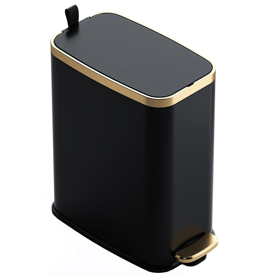 CEROELDA Small Bathroom Trash Can with Lid Soft Close-5L/1.3 Gal Slim Garbage Can-Metal Step Wastebasket-Rectangle Narrow Waste Bin for Office, Bedroom, Toilet, Live Room (Black)