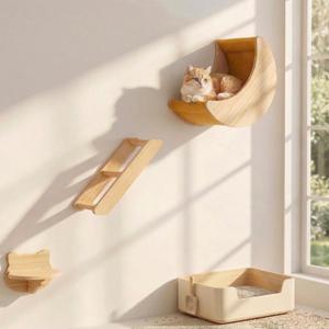Cat Wall Shelves Set Solid Wood Cat Wall Furniture with Moon Bed & Ladder, Wall Mounted Climbing Shelves for Indoor Cats, Space Saving Cat Gym Wall System (3pcs/Set)