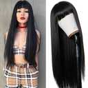 Long Straight Remy Hair Wigs Natural Black Heat Resistant Fiber Hair Full Machine Wig with Bangs Cosplay Party Wig For Fashion Women (24 Inch)