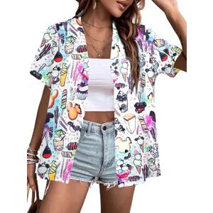 VILOVE Magical Shirt for Women Magic Hawaiian Shirts Princess Tshirt Funny Castle Graphic Family Vacation Button Up Tops (Medium, A-white-snacks)