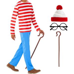 Morph Red and White Stripe Shirt With Hat, Cane and Glasses, Adult Book Character Costume, Halloween Costumes For Adults (Medium)