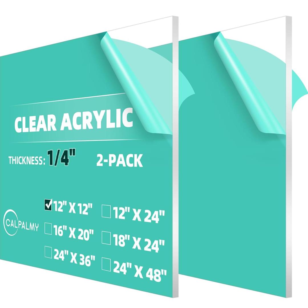 CALPALMY (2-Pack) 12 x 12 Inch Clear Acrylic Sheet Plexiglass 1/4" Thick; Use for Craft Projects, Signs, Display Cases, DIY Projects and More; Cut with Cricut, Engraver, Saw or Hand Tools  No Knives