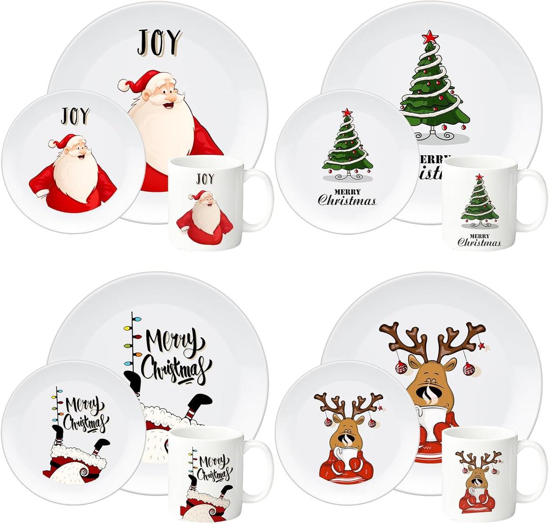 12 Piece Christmas Melamine Dinnerware Set for 4 Guest, 10" Dinner Plates, 8" Salad Plates, 9 oz Mug Shatterproof Xmas Dishes Gift for Home Party Festive Holiday Celebrations