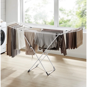 TIRUSS Clothes Drying Rack, 4-Tier Foldable Drying Rack Clothing with 4 Castors, 24 Poles & 14 Hooks, Movable Stand for Bed Linen, Indoor Outdoor Use, 67.7" High