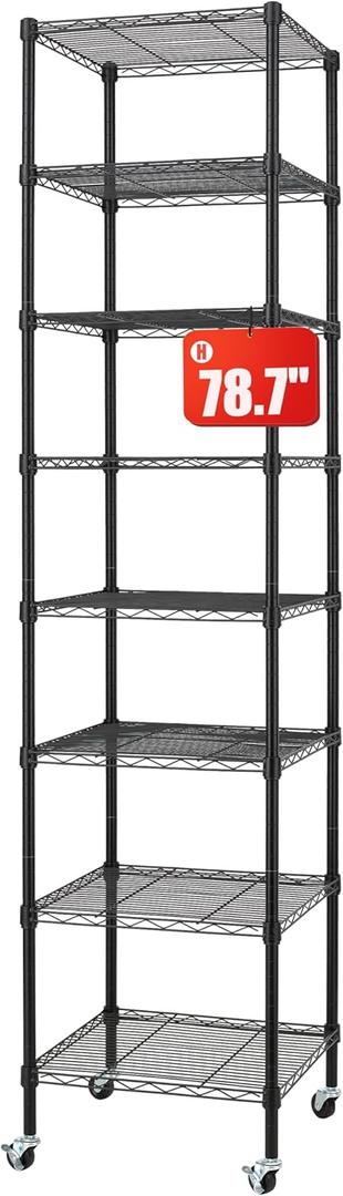Finnhomy Heavy Duty 8 Tier Wire Shelving with Wheels 18x18x78.7-inches 8 Shelves Metal Storage Rack Thicken Steel Tube, Pantry Shelves for Storage, Adjustable Shelving Unit, NSF Certified, Black