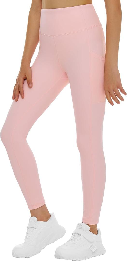 THE GYM PEOPLE Girls Workout Leggings Kids High Waist Stretch Athletic Dance Yoga Pants with Pockets (Pink, XL)