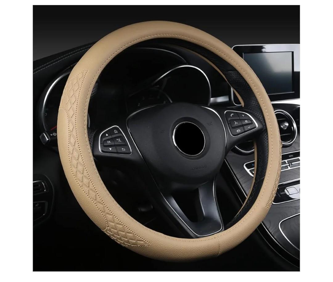 AUCELI Car Steering Wheel Cover, 14 1/2-15 inch Non-Slip Soft Breathable Leather Automotive Steering Wheel Protecteor, Vehicle Accessories for Men Women, Universal for SUV, Truck, RV（Beige）