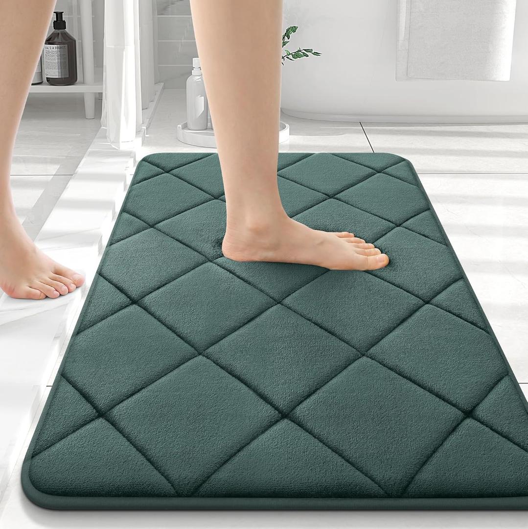 OLANLY Memory Foam Bath Mat 36x24, Ultra Soft and Absorbent Bathroom Rugs, Machine Washable, Comfortable Bath Carpet for Bathroom Floor, Tub and Shower, Dark Green