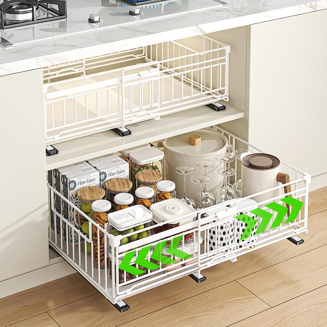 REALINN 2 Pack Pull Out Cabinet Organizer, Expandable(12"-20") Slide Out Drawers 3 Slide Rails Fix with Adhesive or Screw, Roll Out Shelves for Kitchen Cabinet Organization, White, 6.75in height