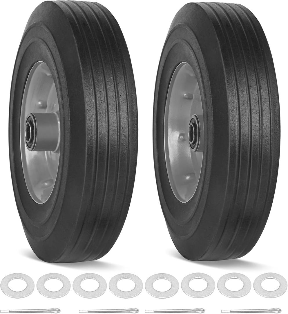 10" x 2.5" Flat Free Solid Rubber Tires 10 Inch Hand Truck Solid Wheels Replacement with 5/8" Axles, 8 Spacers 4 Pins for Hand Trucks, Wheelbarrows, Dolly Trolleies, 2 Packs