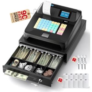 PYY Cash Register for Small Businesses - Electronic Commercial Caja Registradora para Negocio with Lock Cash Drawer Box, 8 Digital Dual Display, 48 Keys, Restaurant Supermarket Pos Retail System (Medium, Black)