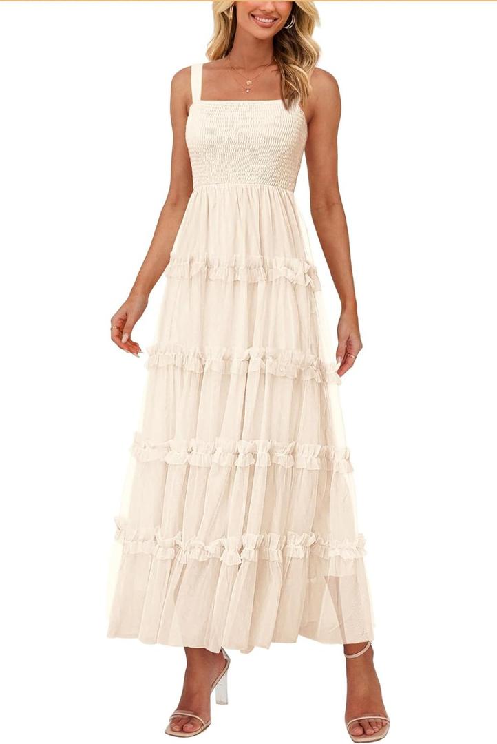 PRETTYGARDEN Women's Summer Dresses 2025 Sleeveless Smocked Tiered Ruffle Tulle A-Line Flowy Wedding Party Maxi Dress, Small