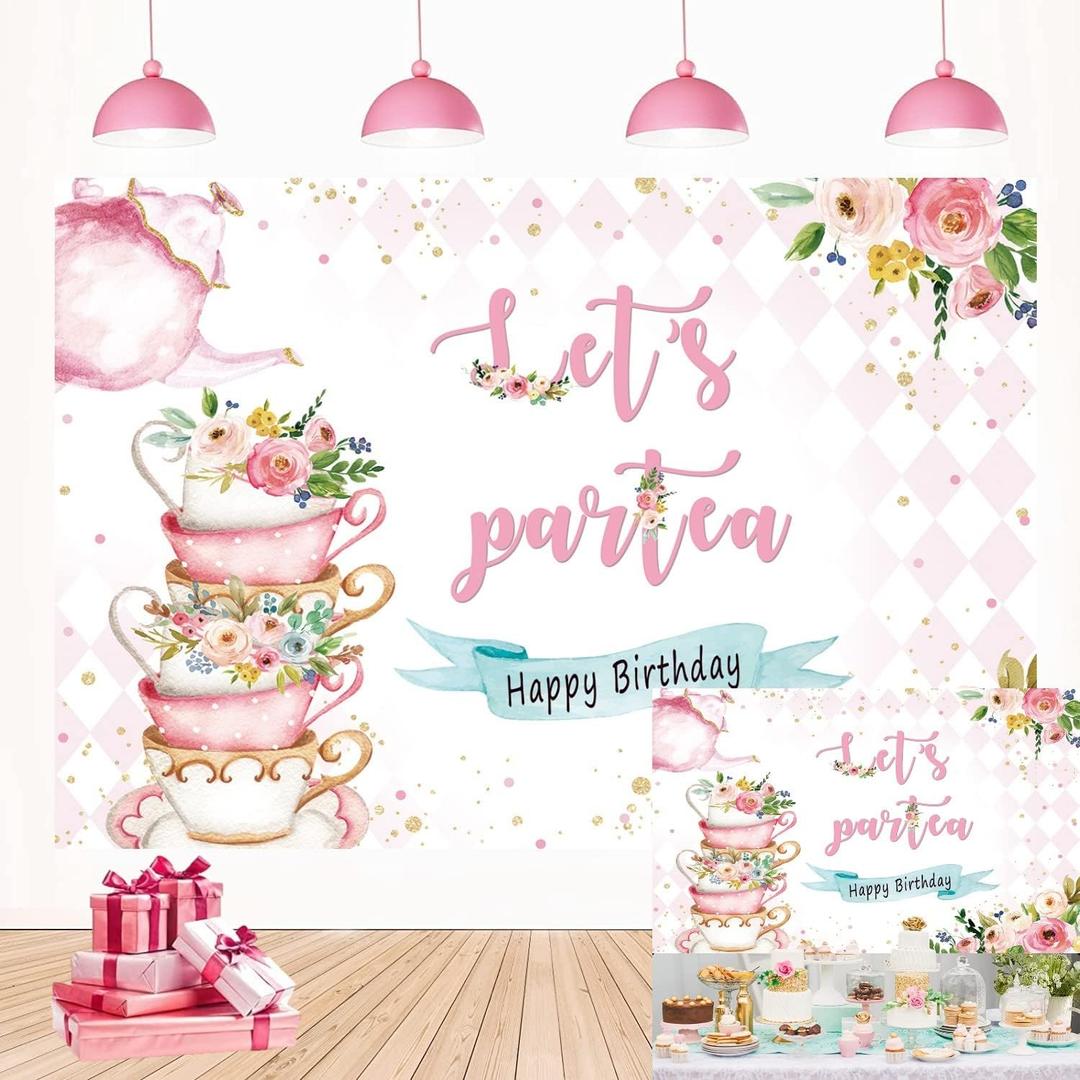 Let's Partea Backdrop Spring Pink Floral Tea Party Happy Birthday Photography Background Sweet Baby Girl Shower Birthday Party Afternoon Tea Cake Table Decorations 7x5FT