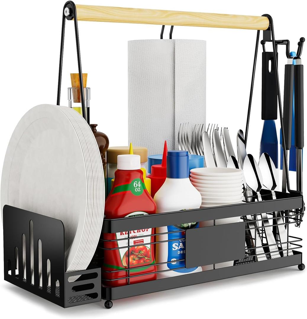 Grill Caddy with Plate Holder and Paper Towel Holder, Picnic BBQ Condiment Utensil Organizer Caddy for Outdoor Cooking, Camping Essential, Camper Must Haves, Grilling Gifts for Men